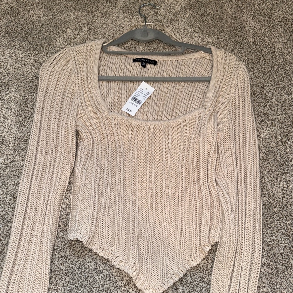 Kendall & Kylie Tan Ribbed Asymmetrical Long Sleeve Bodysuit